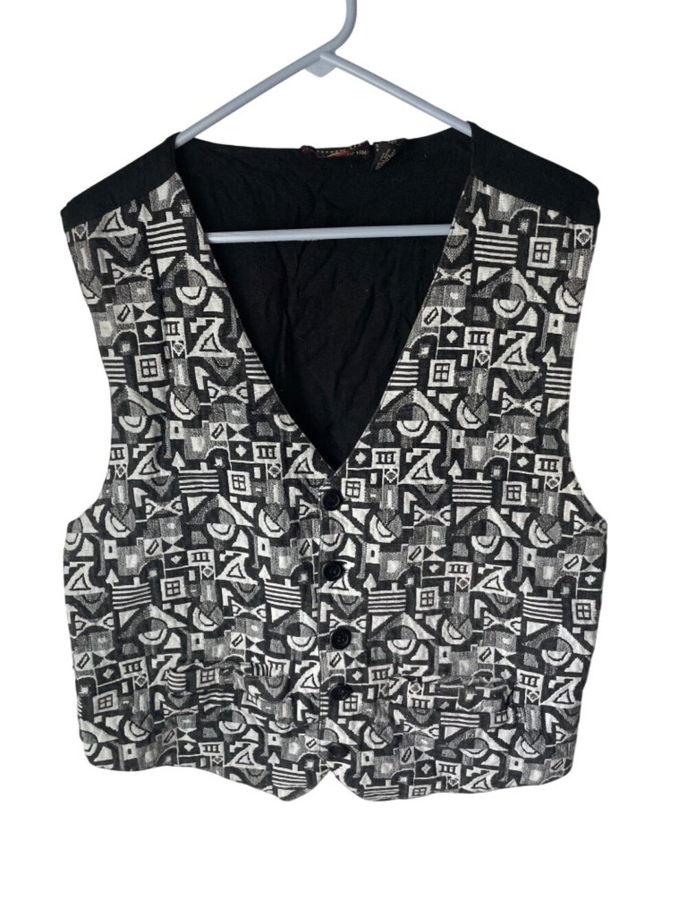 Vintage 80s Thums-Up Black & White Tapestry Geometric Abstract Men's Vest XL